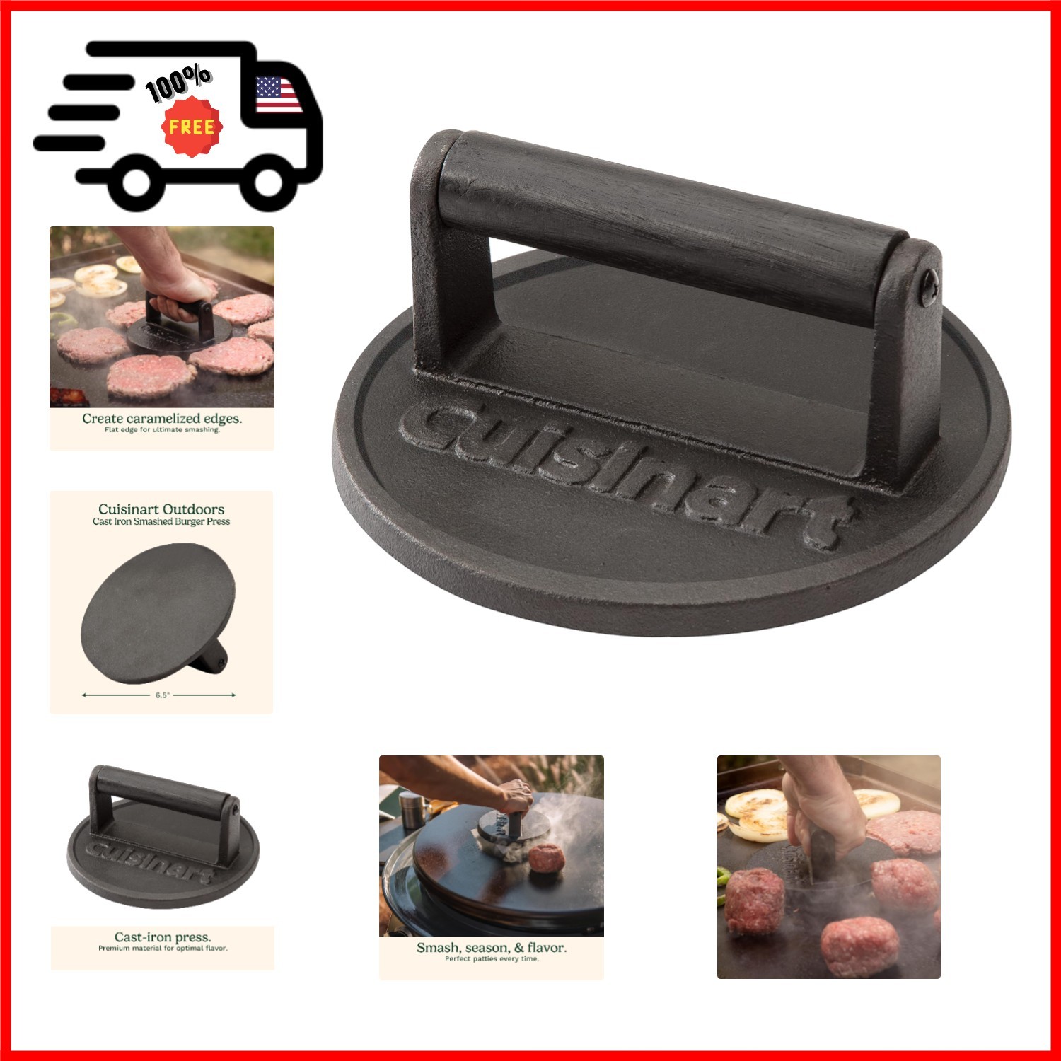 Cuisinart 6.5" Cast Iron Smashed Burger Press, round Flat Edge Grill Press gallery