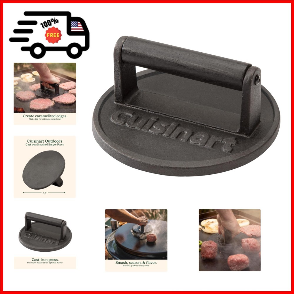Cuisinart 6.5" Cast Iron Smashed Burger Press, round Flat Edge Grill Press