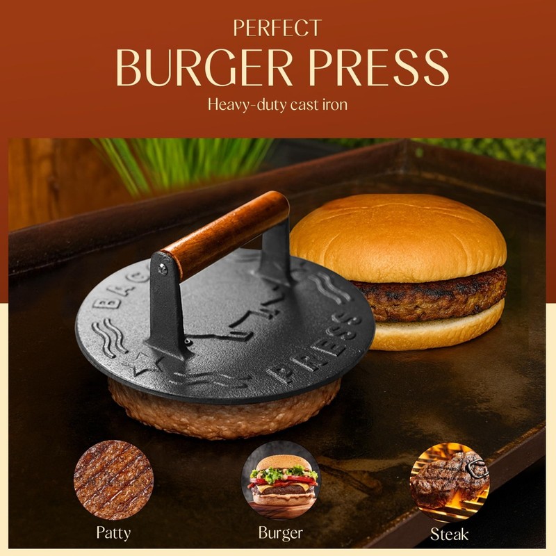 Heavy-Duty 7" Cast Iron Burger Press - Grill Smasher for Burgers, Bacon, Steak & gallery