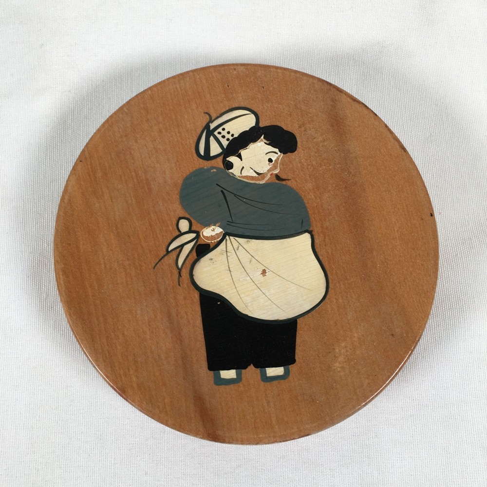 Vintage Wooden Hamburger Press Hinged Hand Painted Chef