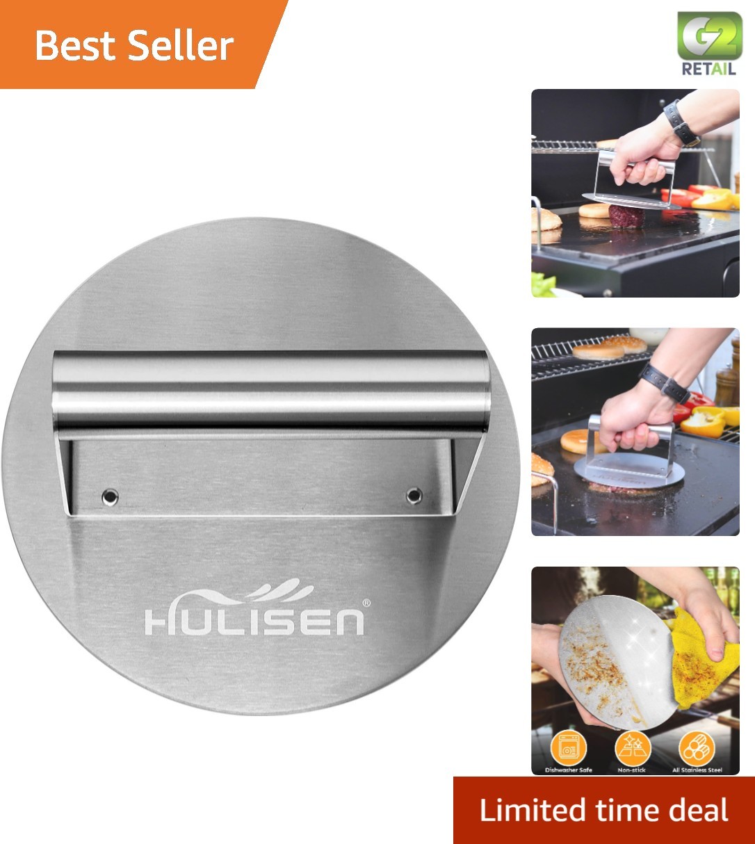 Stainless Steel Burger Press - 6.2-inch Round Grill Smasher for Perfect Patties gallery