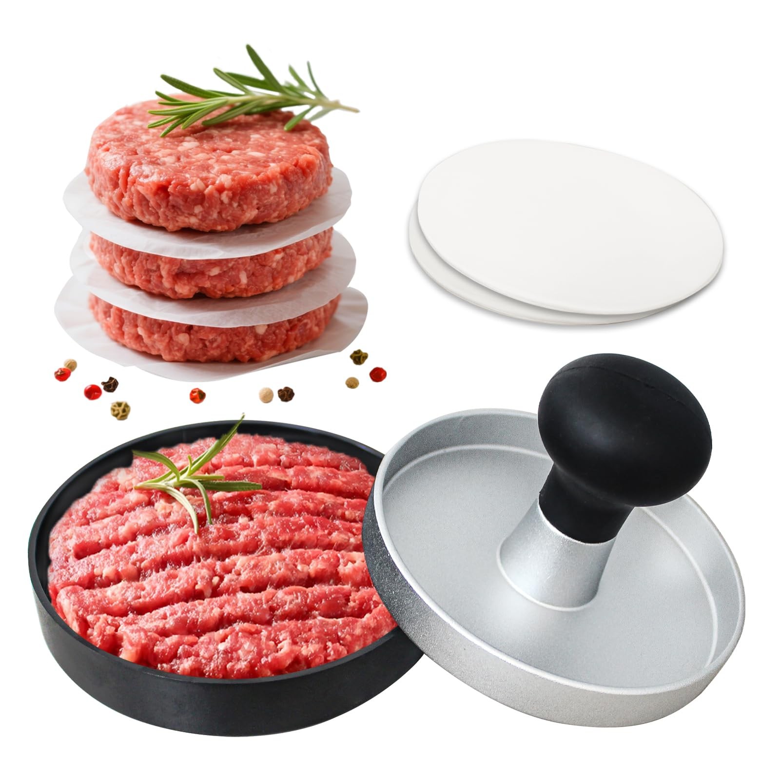 Stainless Steel Hamburger Burger Press Patty Mold Wood Handle 100 Papers BBQ gallery
