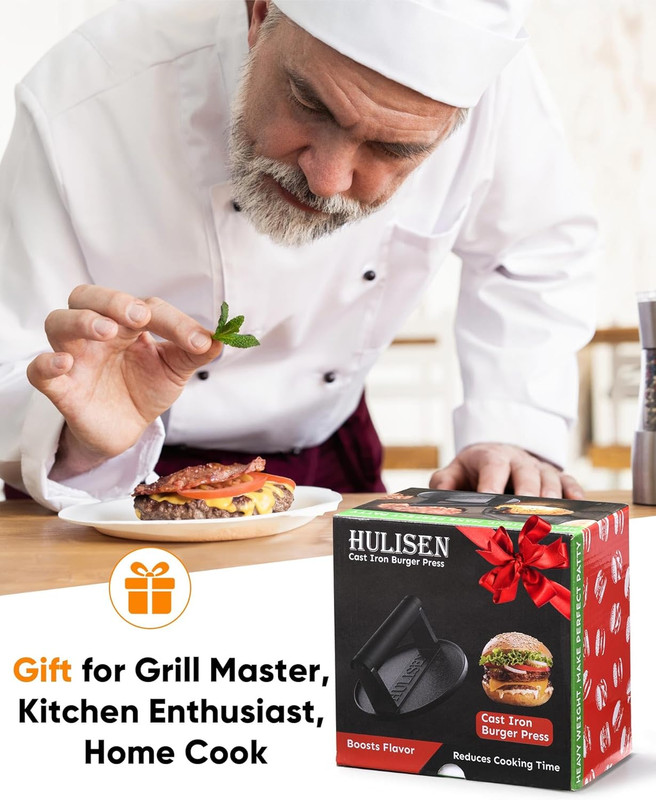 Pre-Seasoned Cast Iron Burger Press, Heavy Duty 6” Burger Smasher for Griddle wi gallery