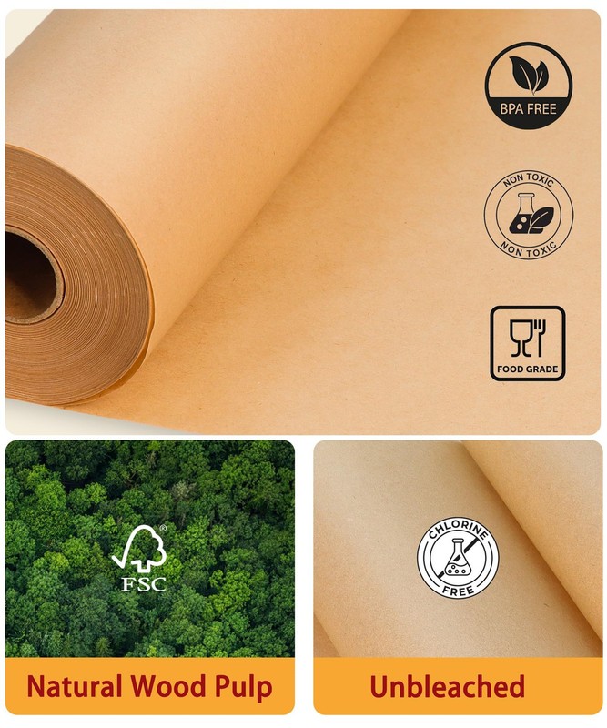 GENLGE 300 Sq. Ft Unbleached Parchment Paper Roll – 12" x x 300ft, Brown gallery