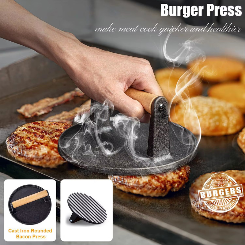 Cast Iron Steak Burger Press round Rectangular Uncoated Heavy-Duty Meat Press wi gallery
