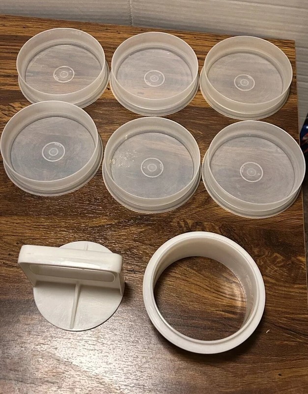 VTG Tupperware 4” Hamburger Patty Press Keeper Set 883 Lot Of 8pcs No Lid gallery