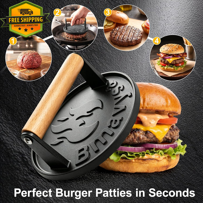 Heavy Duty Cast Iron Burger Press Non Stick Smasher For Griddle Grill BBQ Tool gallery