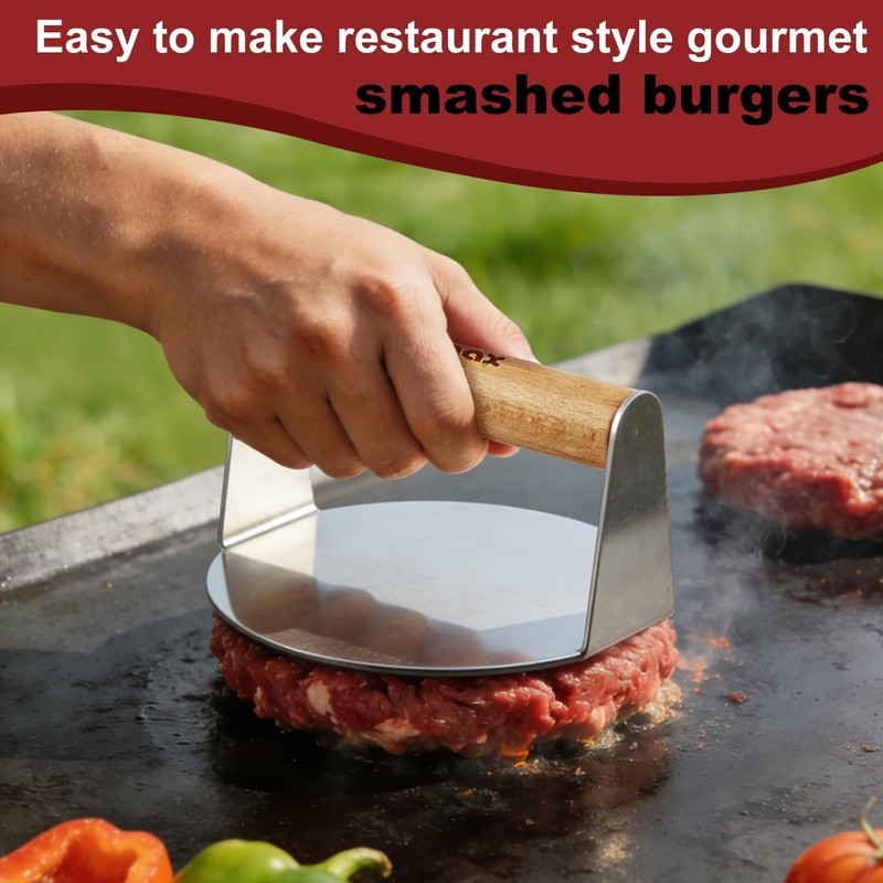 Stainless Steel Burger Press 5.5" Round Smash Burger Press W/ Wood Handle Grill gallery