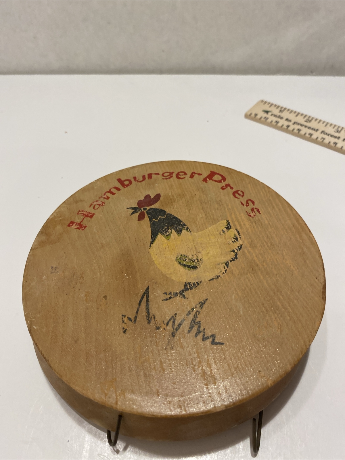 VINTAGE WOODEN HAMBURGER PRESS W/ROOSTER ARTWORK. MADE IN JAPAN. HM gallery