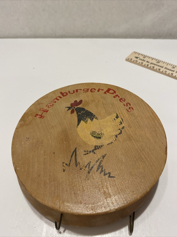 VINTAGE WOODEN HAMBURGER PRESS W/ROOSTER ARTWORK. MADE IN JAPAN. HM