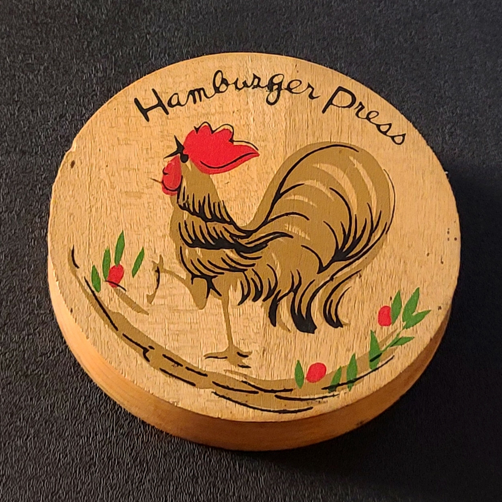 Unique Vintage ROOSTER Wooden Hamburger Press 5-3/4" Diameter Country Decor gallery