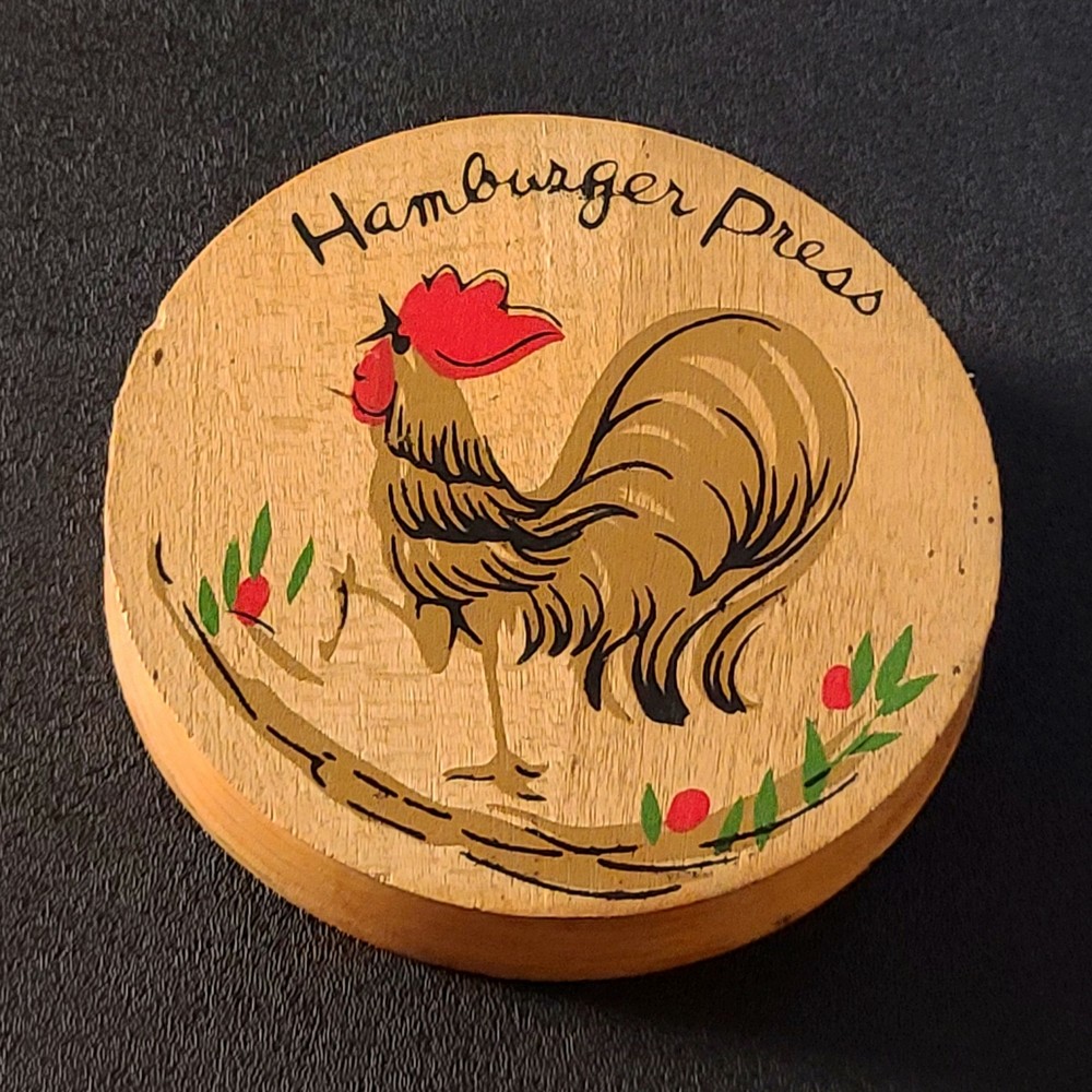 Unique Vintage ROOSTER Wooden Hamburger Press 5-3/4" Diameter Country Decor