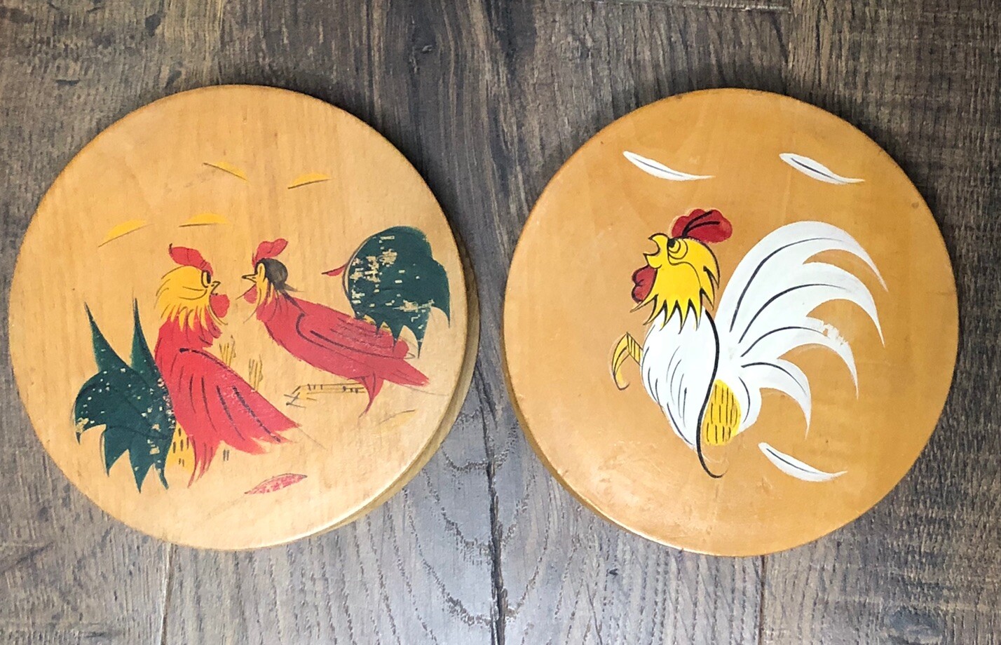 Vintage Fighting Roosters Hamburger Press Wood Hinged MCM Folk Art Kitchen Decor gallery