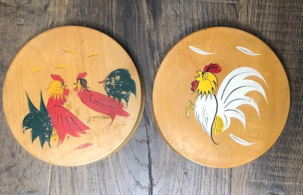 Vintage Fighting Roosters Hamburger Press Wood Hinged MCM Folk Art Kitchen Decor
