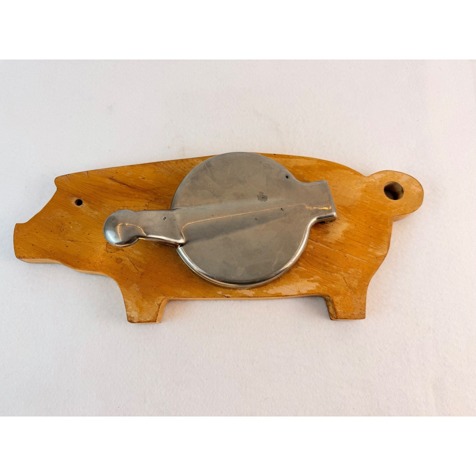 Vintage Pig Shaped Wooden Hamburger Patty Press Manual Metal Burger Maker Retro gallery