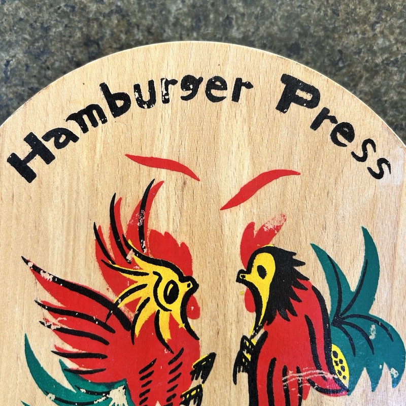 VTG Wooden Hamburger Press Fighting Roosters Chickens Kitchen Tool Decor Japan gallery