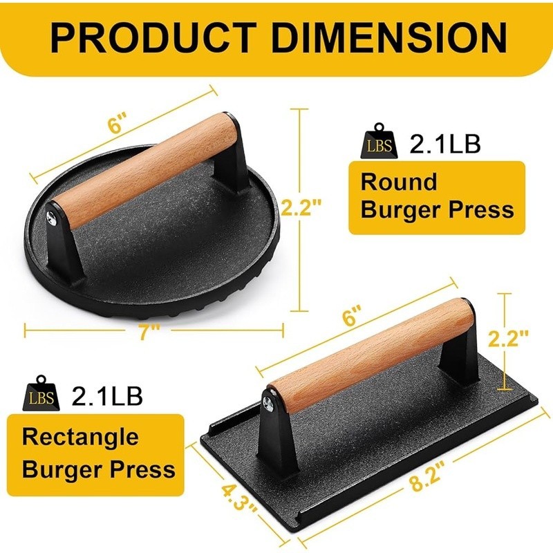 Food-Grade Cast Iron Burger Press W/ Wood Handle Easy Cooking & Grill Marks New gallery