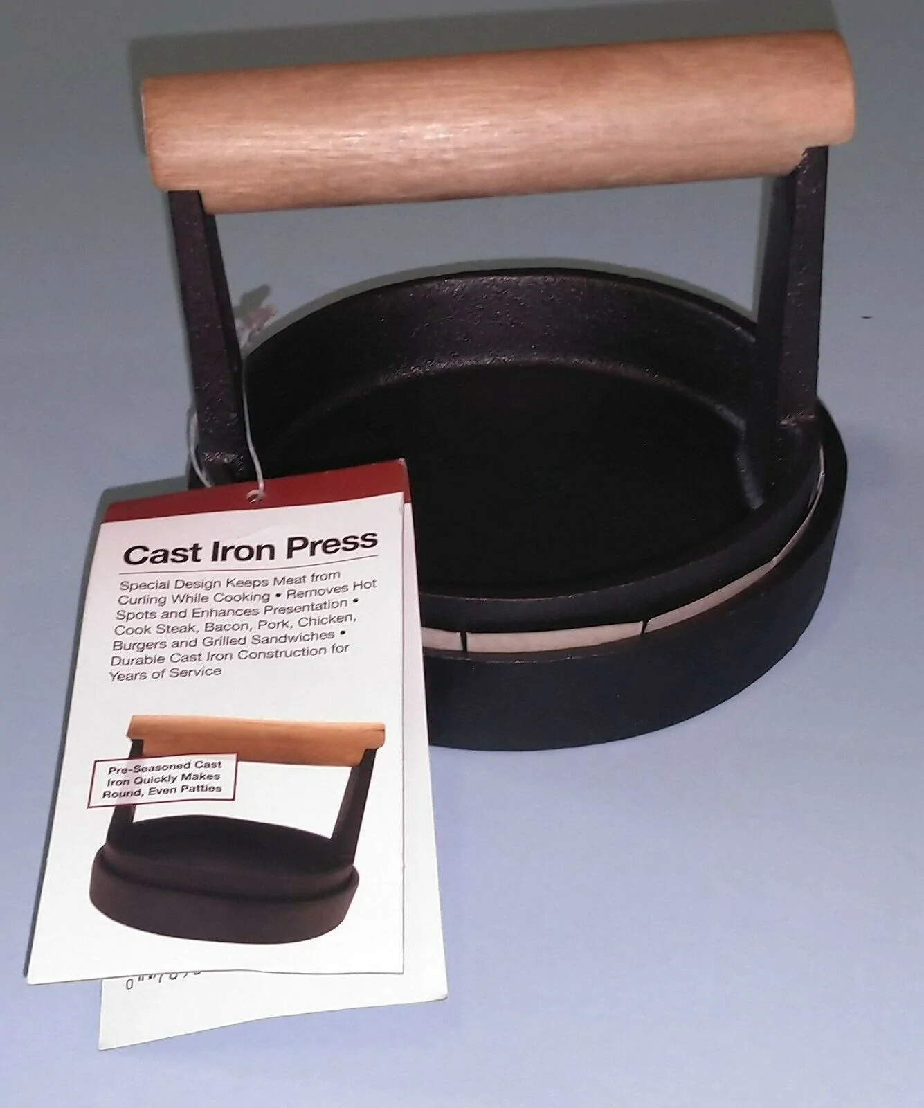 Mr. Bar-B-Q Pre-Seasoned Cast Iron Burger Grill Press Round w/Rosewood Handle gallery