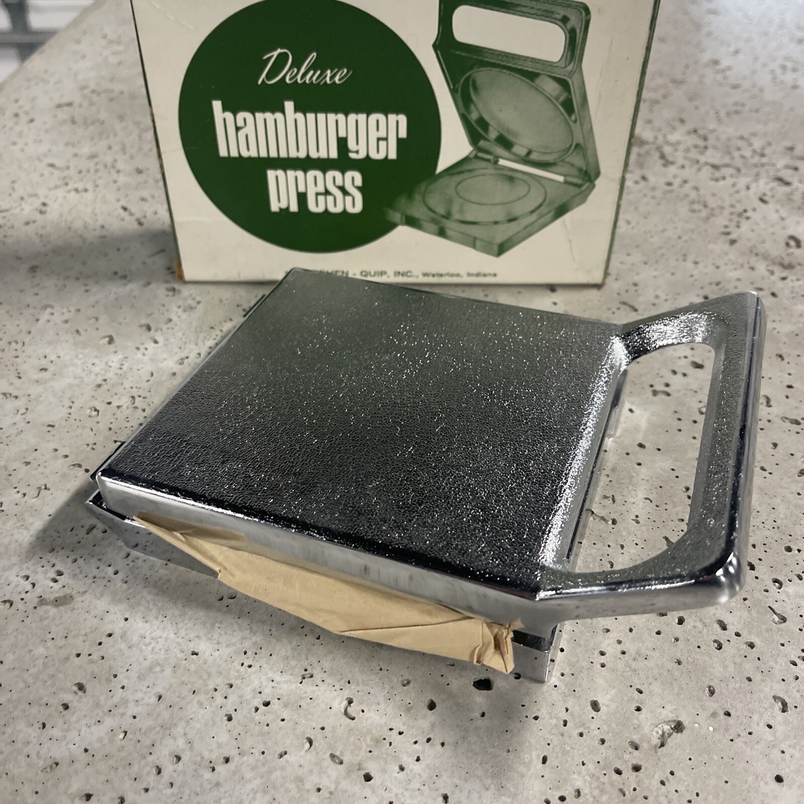 Kitchen-Quip Deluxe Vintage Chrome Plated Hamburger Press in Box - Read gallery
