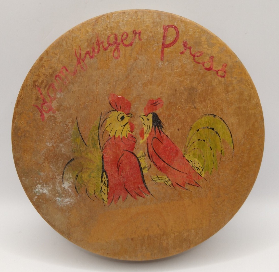 Wooden Hinged Round Hamburger Press Folk Art Painted Rooster Country Vintage 6" gallery