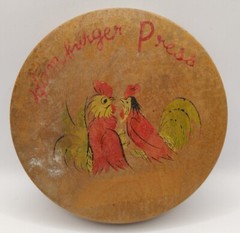 Wooden Hinged Round Hamburger Press Folk Art Painted Rooster Country Vintage 6″