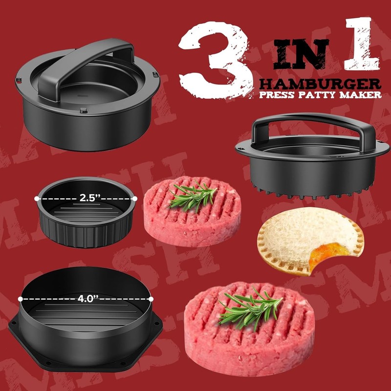 Smash Burger Press Kit 3 in 1 Hamburger Press Patty Maker Dark Black Cast Iron gallery