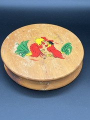 VTG MCM Wooden Hinged Hamburger Press Hand Painted Fighting Roosters Japan 1950s