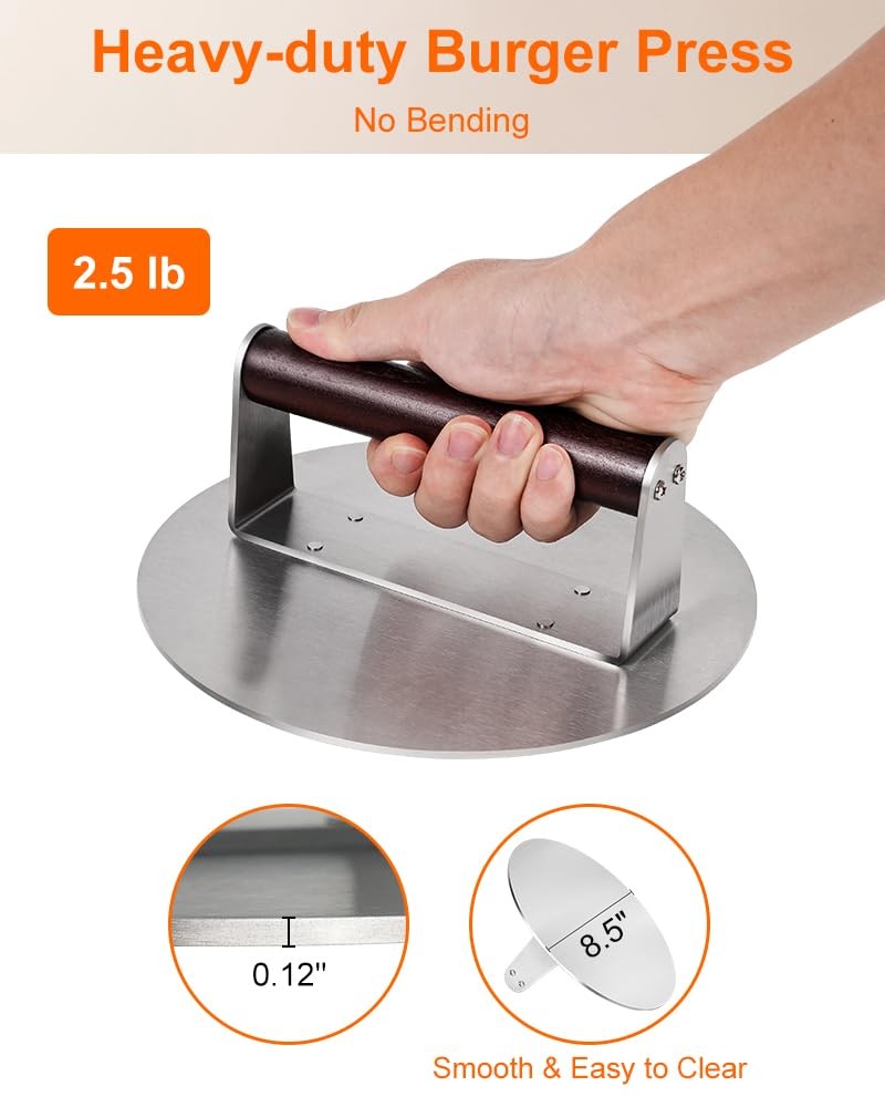 Brigii 8.5" Stainless Steel Smashed Burger Press, Round Flat Edge Grill Press... gallery