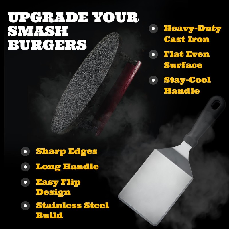 Smash Burger Press Kit - Cast Iron Burger Press (6.5 in), Smash Burger Spatul... gallery