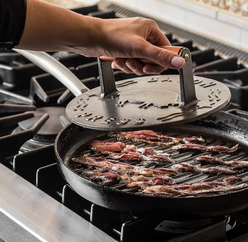 Cast Iron Grill Press Heavy Duty Bacon Press with Wood Handle 8.75Inch Round NEW gallery