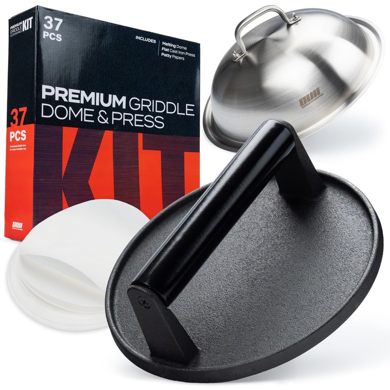 Smash Burger Press Kit - 7'' Flat Bottom Round Premium Cast Iron with 35 Pcs gallery