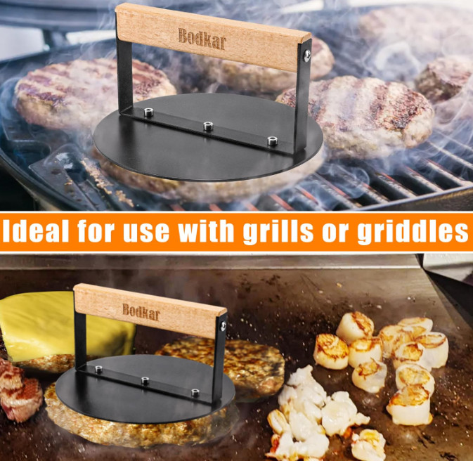 Burger Press, 6" round Heavy-Duty Cast Iron Smash Bacon Press Meat Steak Press gallery