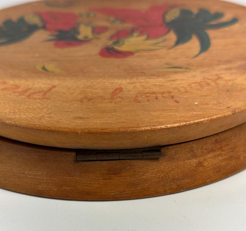 Vintage Japanese BURGER PRESS Hand Painted Hinged Wooden Red Green Roosters gallery