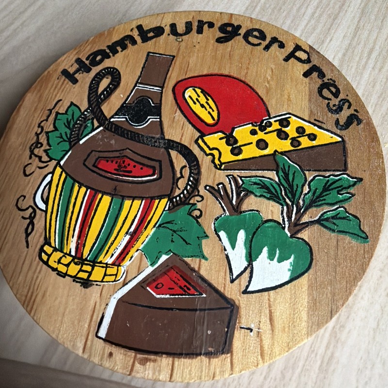 Vintage Wooden Hamburger Press Wine/vegi/cheese Print with A Hinged Lid! gallery