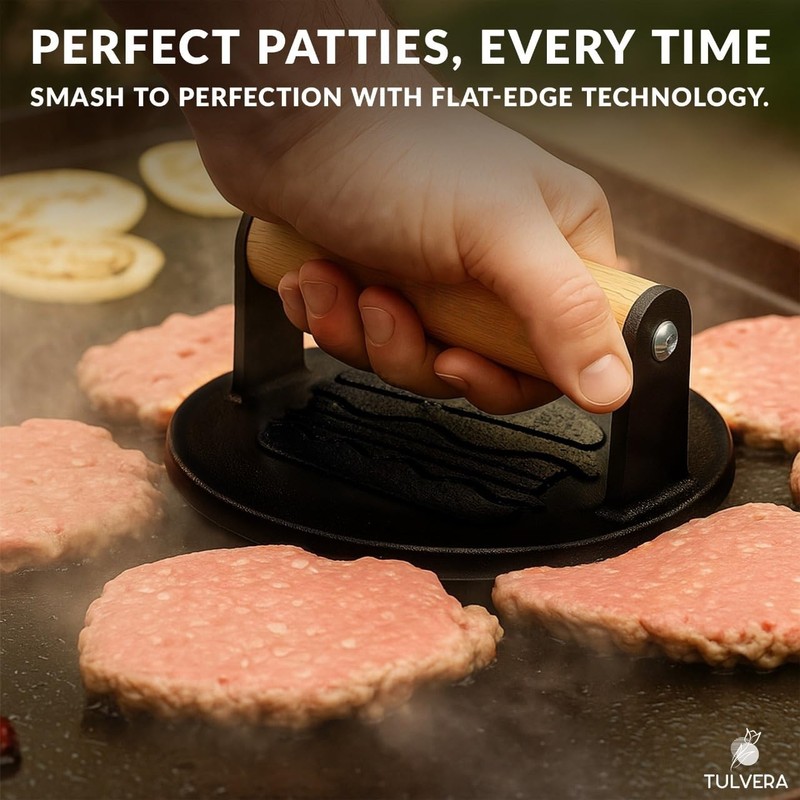 Cast Iron Burger Press | Flat-Edge Meat Smasher Tool for Grilling & BBQ | Pre-Se gallery