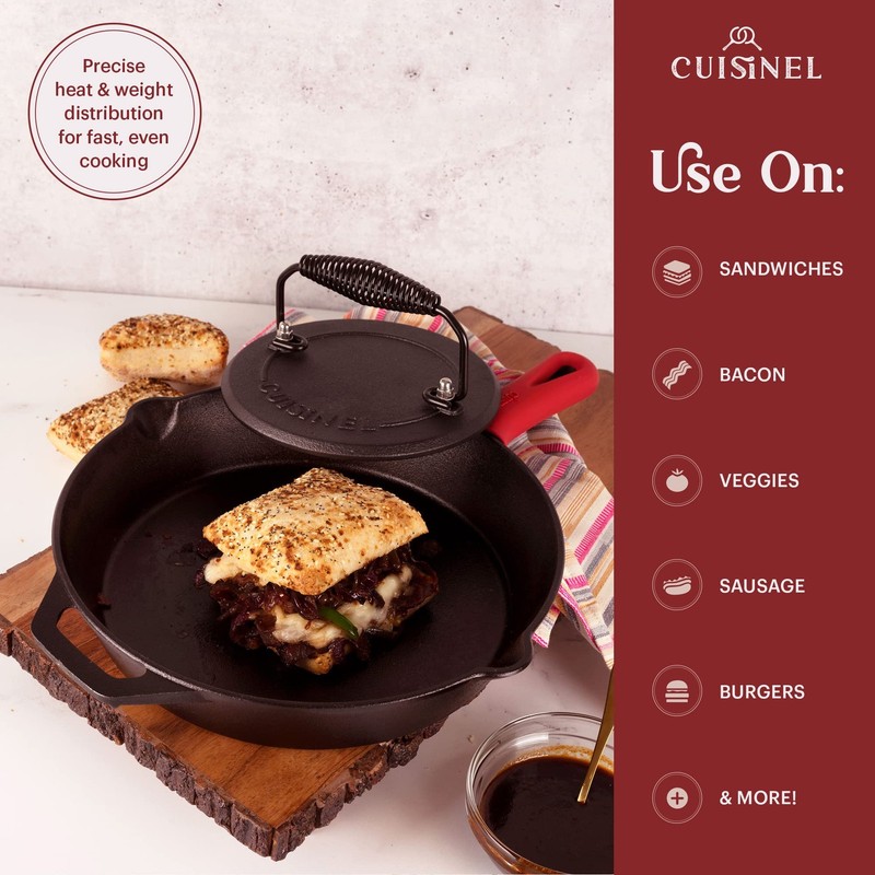 Cast Iron Skillet + Grill Press + Scraper Set 12"inch Preseasoned Frying Pan + S gallery