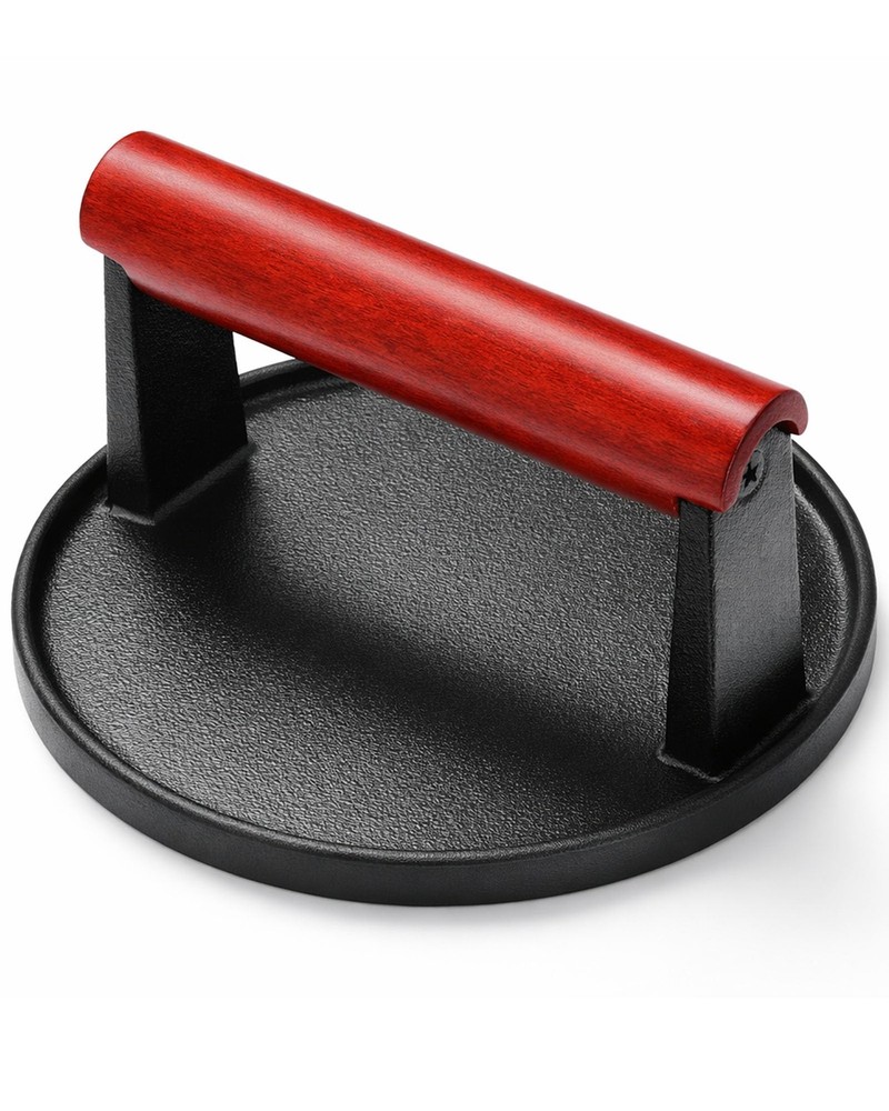 6 Inch Cast Iron Smash Burger Press Extended Wood Handle Round Flat Edge Grill