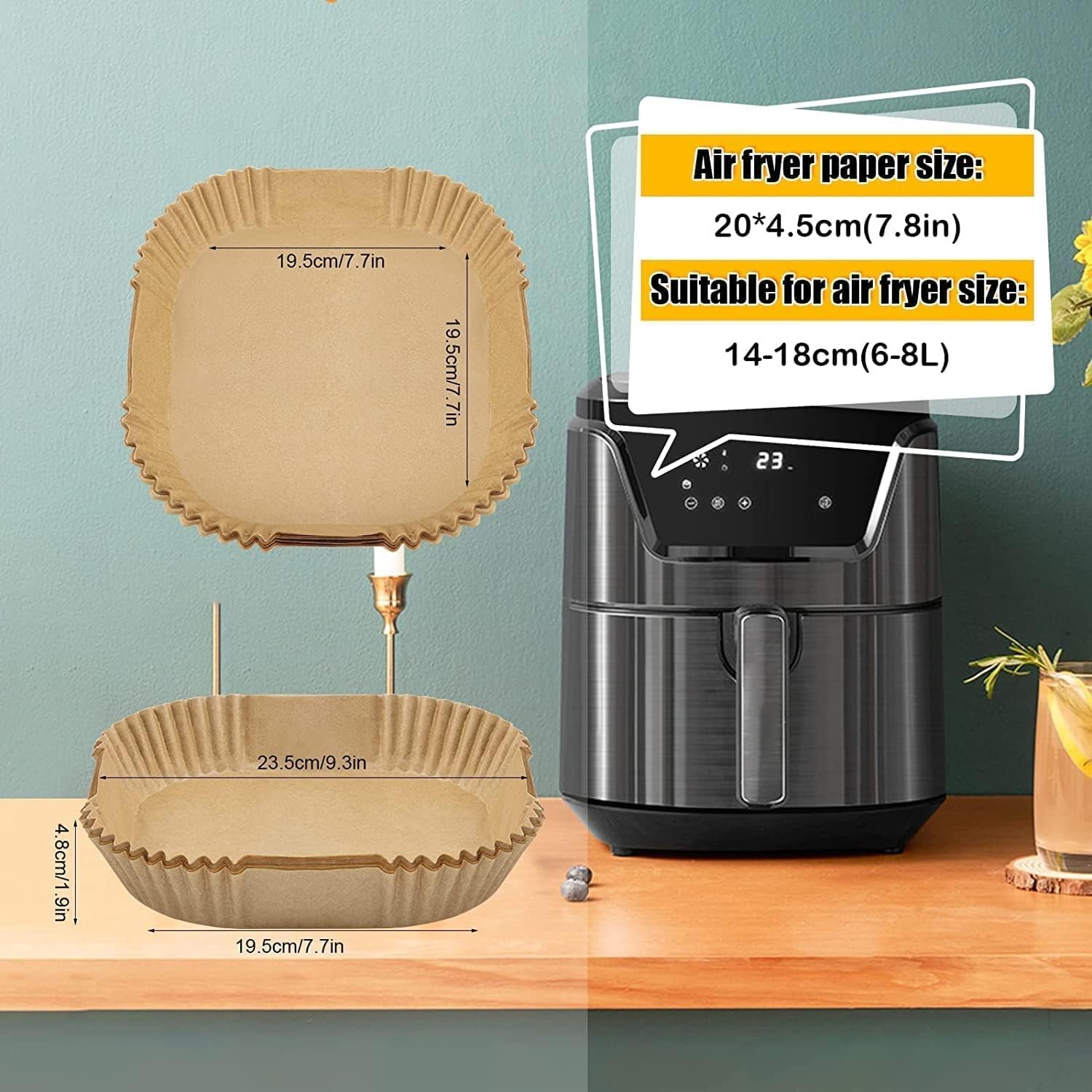 Air Fryer Paper Liners, 125PCS Non-stick Disposable Square-8"-125Pcs, Square gallery