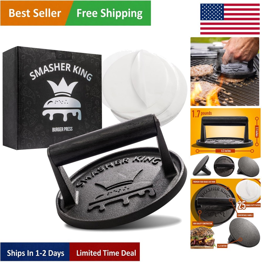 Cast Iron Smash Burger Press with Patty Paper - Perfect for Grilling