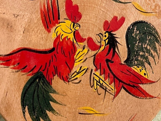 Wood Hinged Hamburger Press Hand Painted Fighting Roosters Vintage Japan 1950s gallery