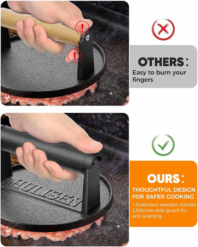 Pre-Seasoned Cast Iron Burger Press, Heavy Duty 6” Burger Smasher for Griddle wi gallery