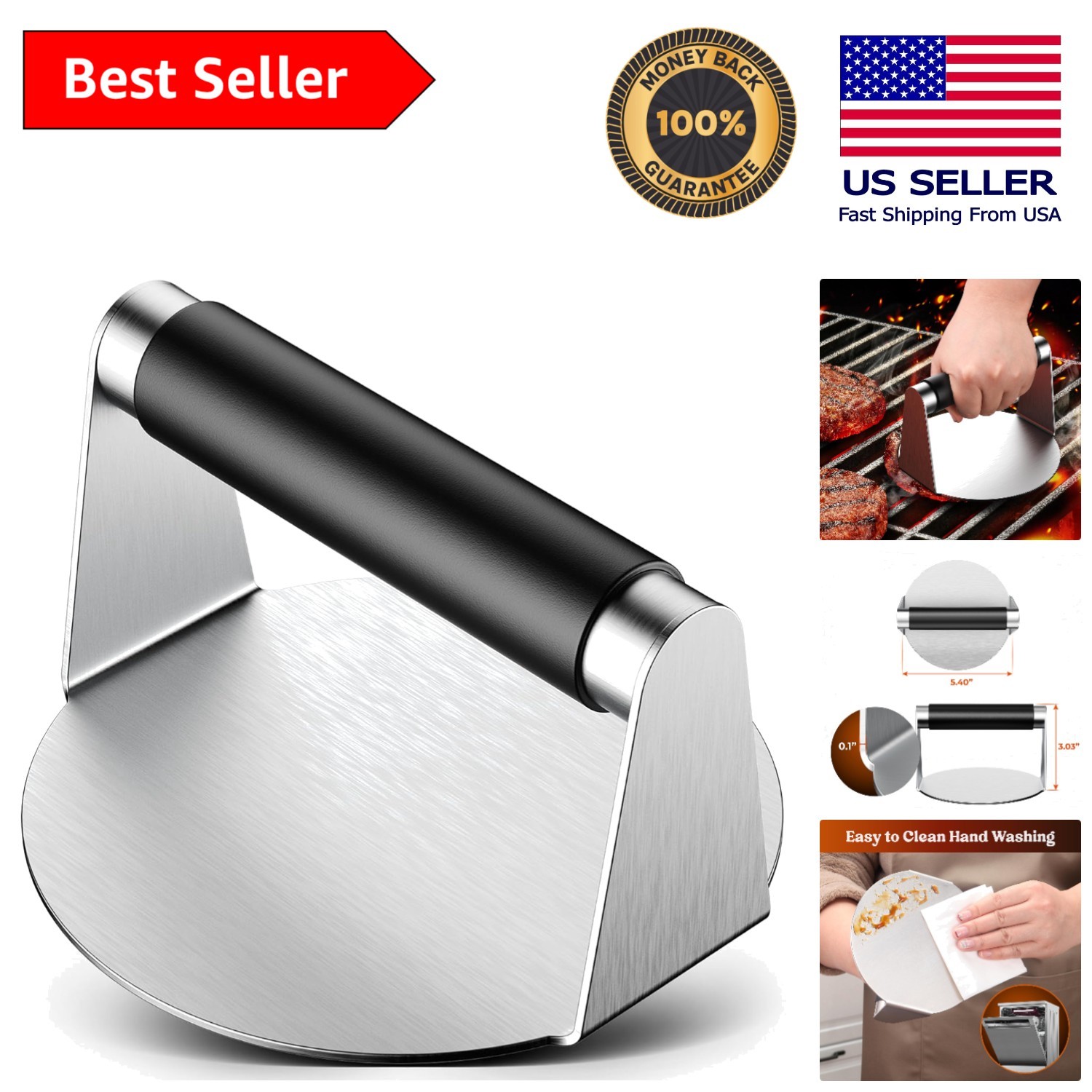 Stainless Steel Smash Burger Press with Heat-Resistant Handle - 5.5" Non-Stick gallery