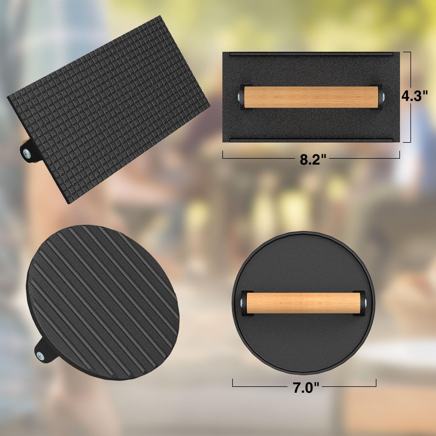Burger Press 7"Round & 8.2"X4.3"Rectangle Heavy-Duty Cast Iron Smash Bacon Meat gallery