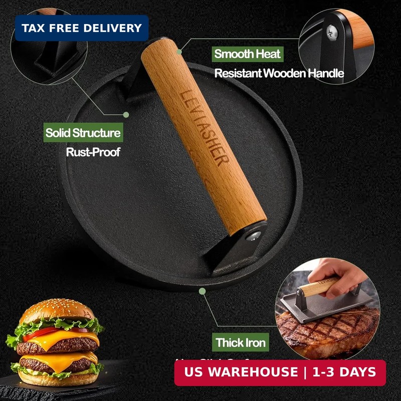 2.3lb Steak Weight & Burger Press, Striped Base, 7" Heavy Duty Cast Iron Grill P gallery