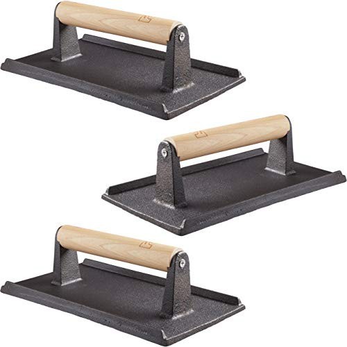 Heavy Duty Cast Iron Grill Press Set - 3 Pack, Pre-Seasoned with Wooden Handle f gallery