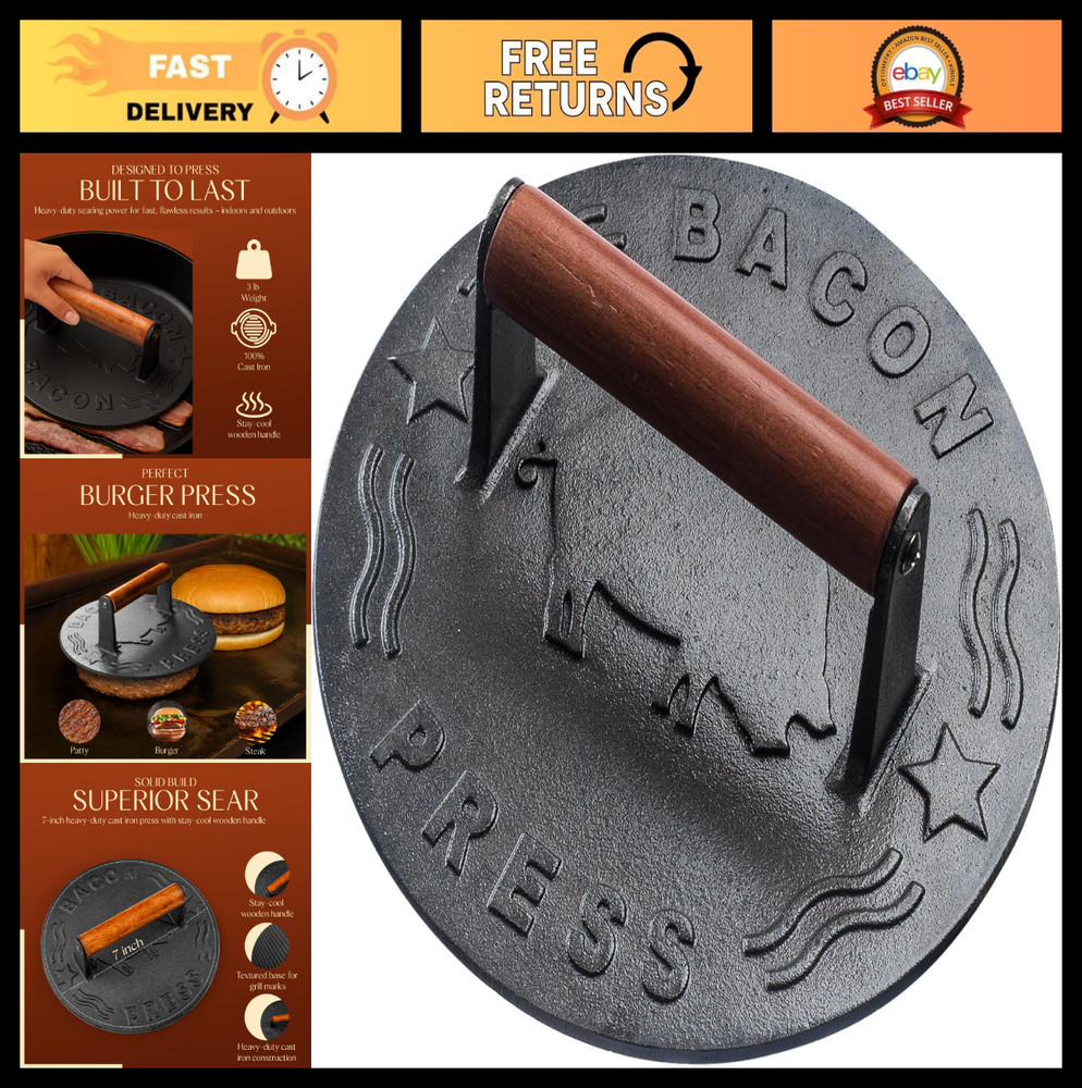 Heavy-Duty 7" Cast Iron Burger Press - Grill Smasher for Burgers, Bacon, Steak &