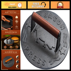 Heavy-Duty 7″ Cast Iron Burger Press – Grill Smasher for Burgers, Bacon, Steak &