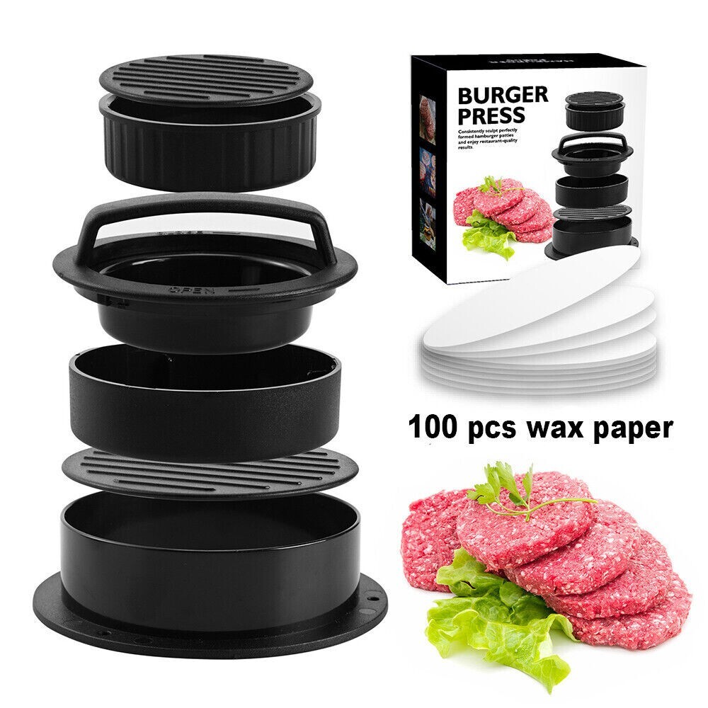 Burger Press 3 in 1 Patty Maker Stuffed Ring Mold Kit Non Stick w/ 100 pcs paper gallery