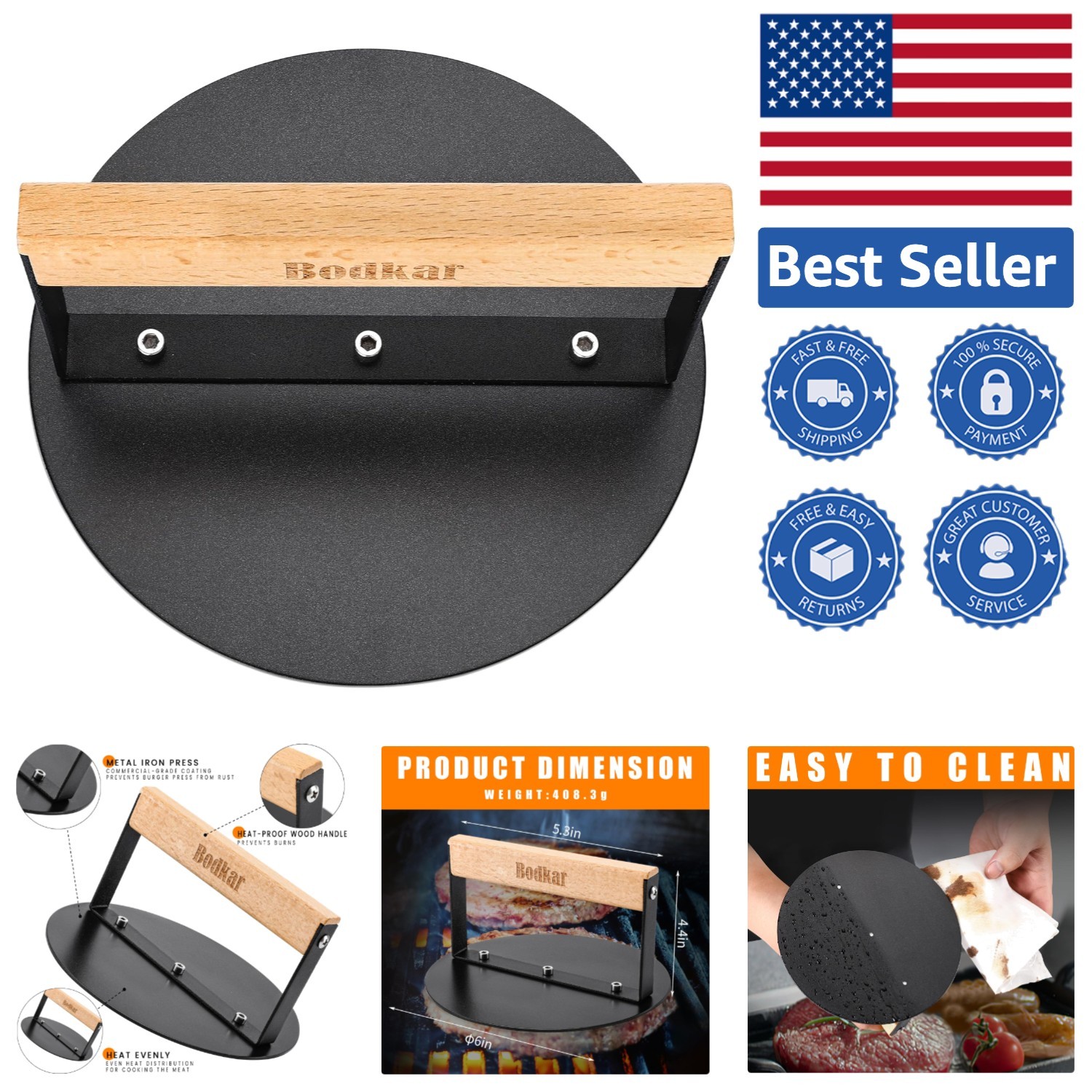 Grill Press for Perfect Bacon & Burgers: 6-Inch Round Rust-Resistant Design gallery