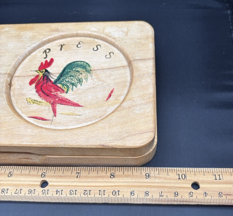 Vtg Wooden Hamburger Press Double Hinged 1950s Red Rooster Farmhouse Rustic gallery